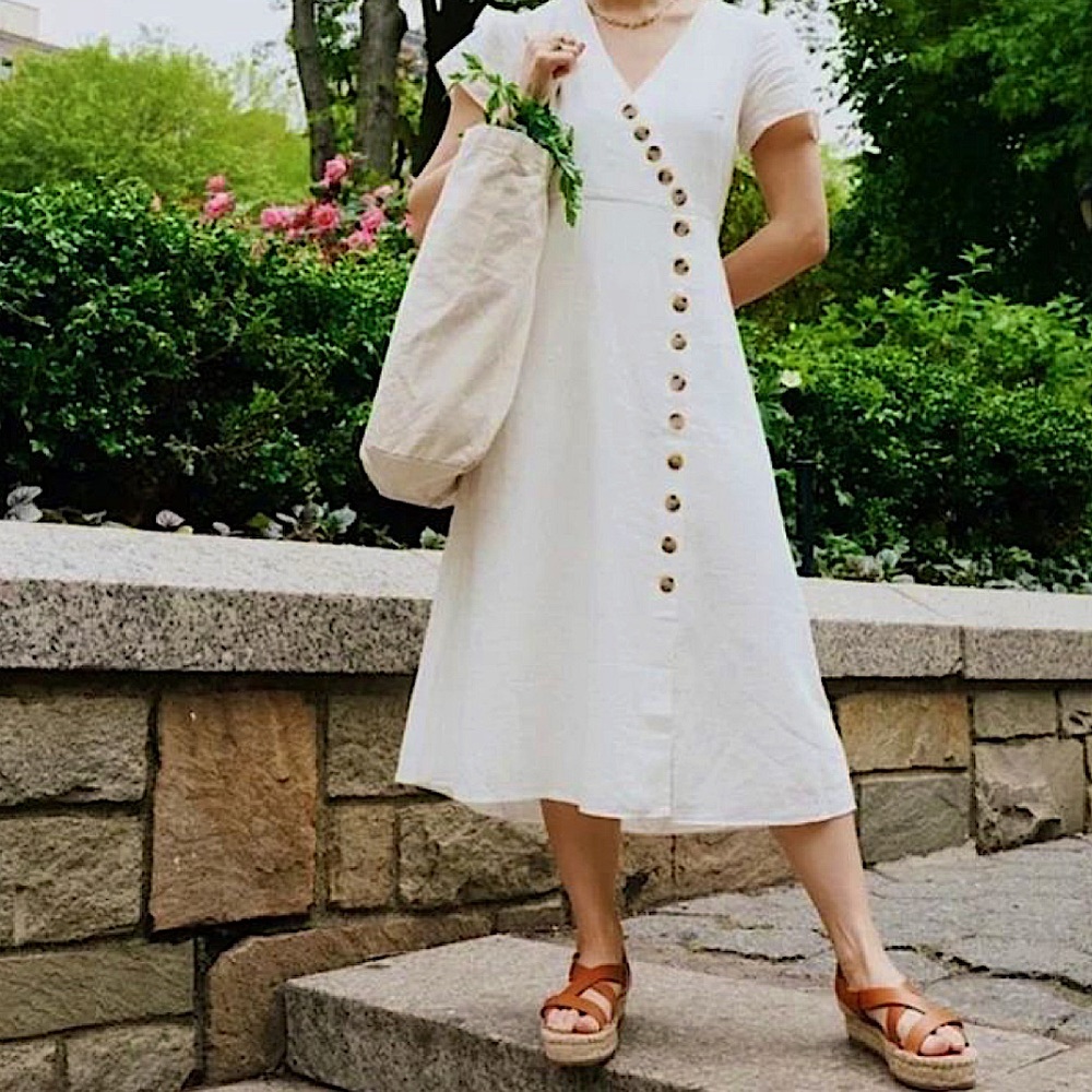 CUTE WHITE LINEN BLEND BUTTON WRAP DRESS 🌼